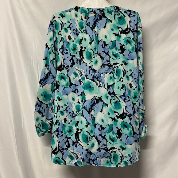 Covington Top Blouse V Neck 2 Pocket Gathered Sleeves Teal - Picture 2 of 8